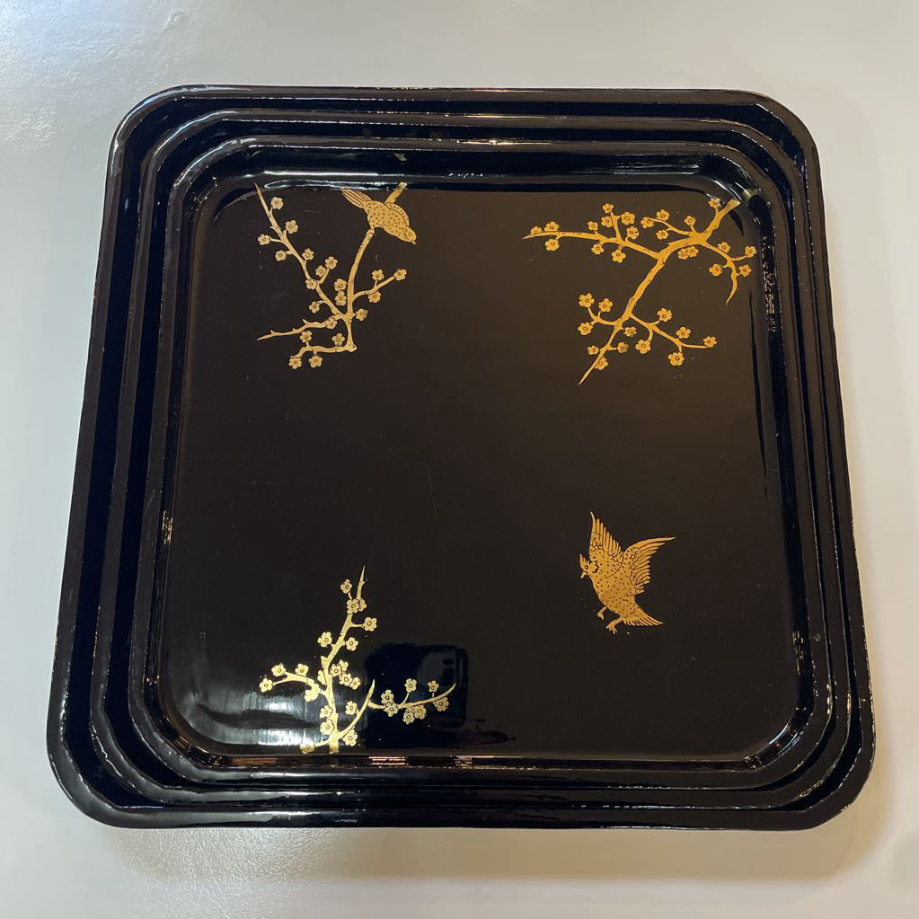 Square Black Lacquer Trays with Gold Birds SET OF 3