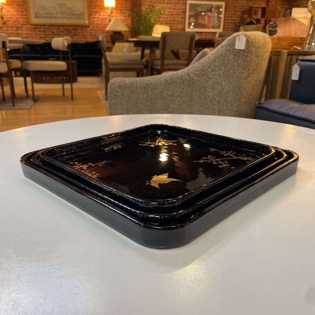 Square Black Lacquer Trays with Gold Birds SET OF 3