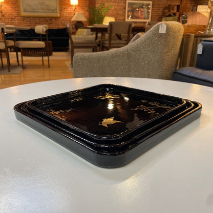 Square Black Lacquer Trays with Gold Birds SET OF 3