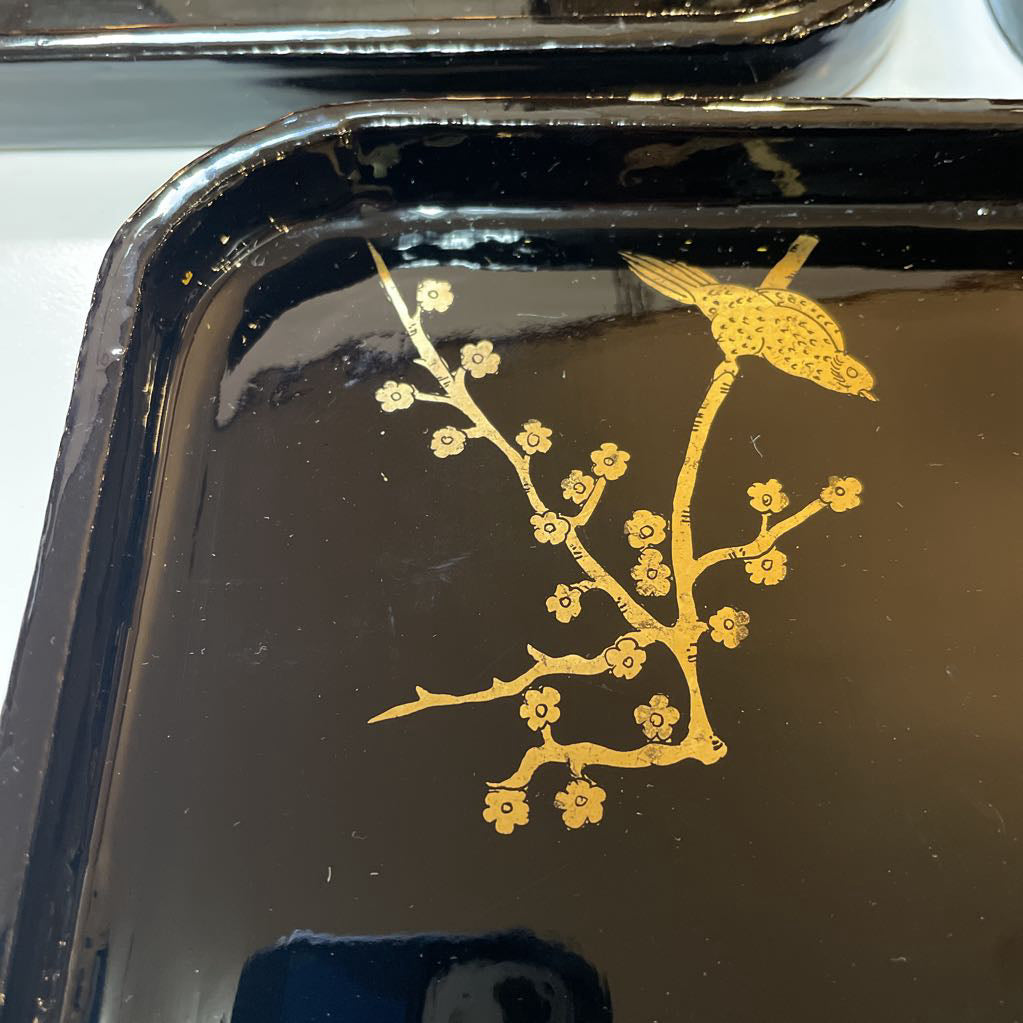 Square Black Lacquer Trays with Gold Birds SET OF 3