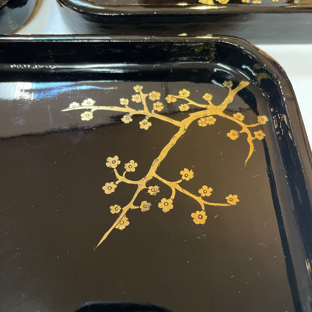 Square Black Lacquer Trays with Gold Birds SET OF 3