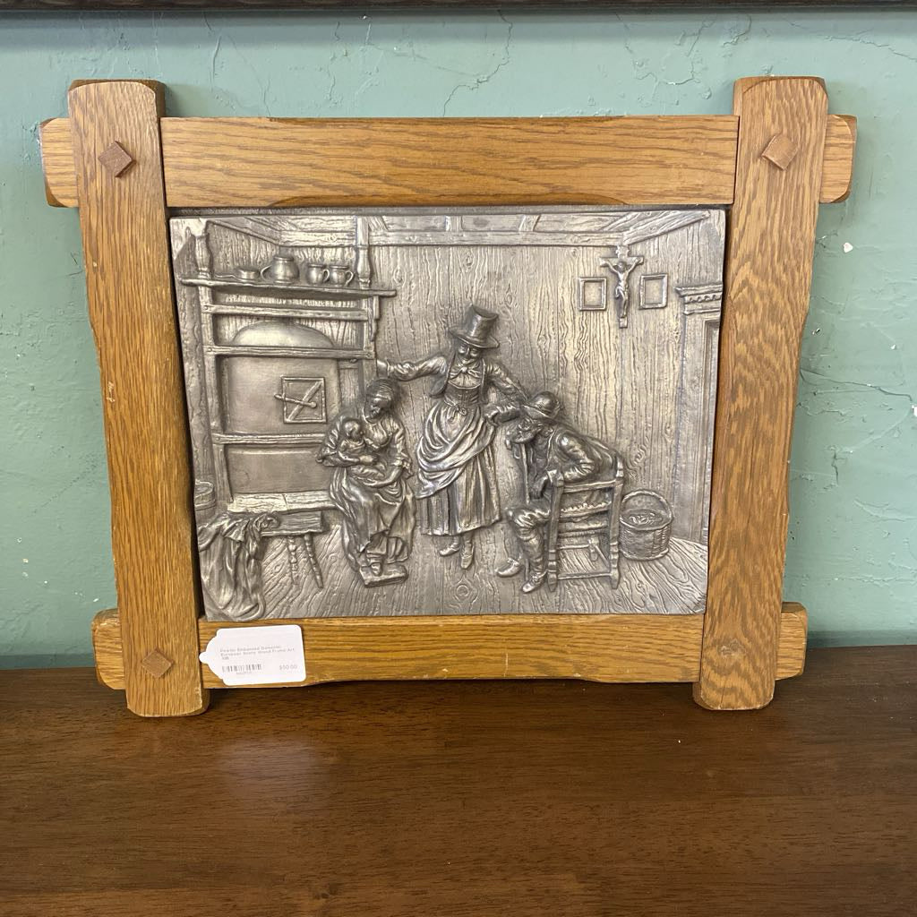 Pewter Embossed Domestic European Scene Wood Frame Art