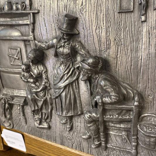 Pewter Embossed Domestic European Scene Wood Frame Art ART