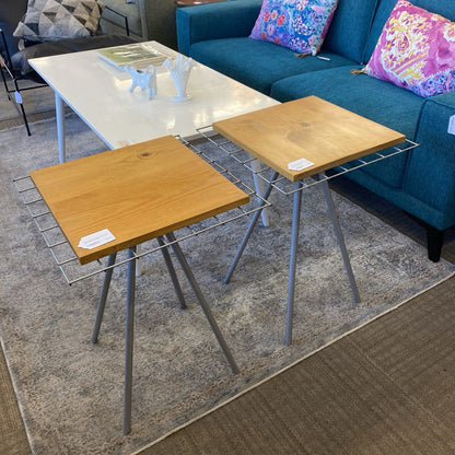 Industrial Metal Grid Wood Square Top Side Table