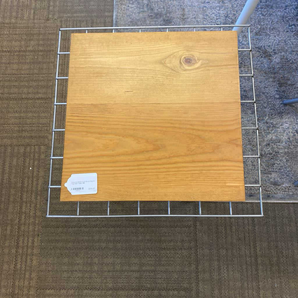 Industrial Metal Grid Wood Square Top Side Table
