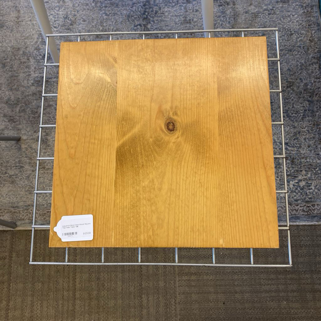 Industrial Metal Grid Wood Square Top Side Table