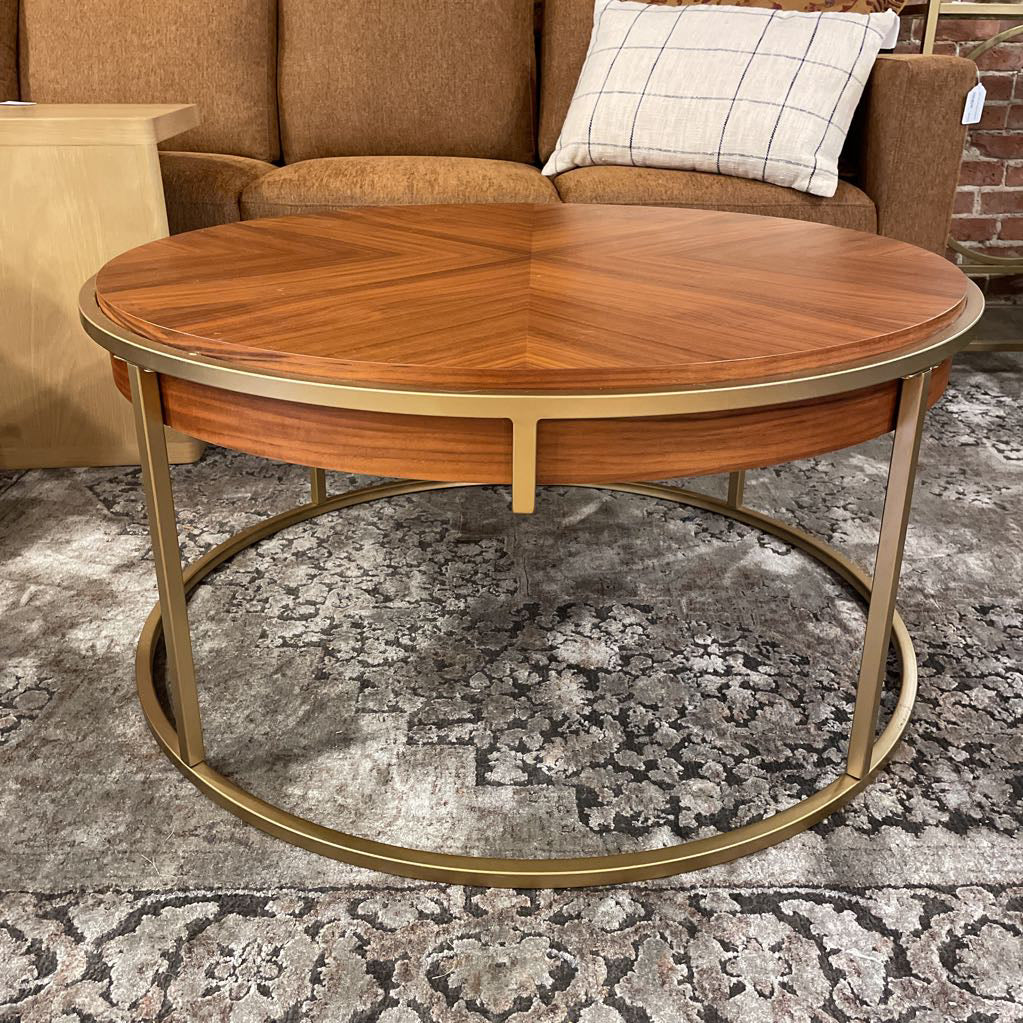Round Gold Frame Bookmatched Veneer Coffee Table