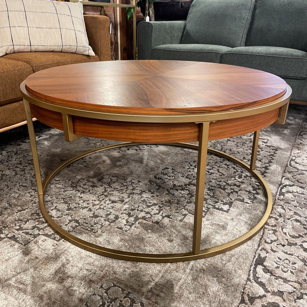 Round Gold Frame Bookmatched Veneer Coffee Table