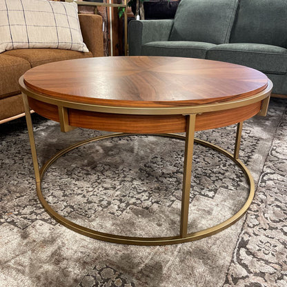 Round Gold Frame Bookmatched Veneer Coffee Table