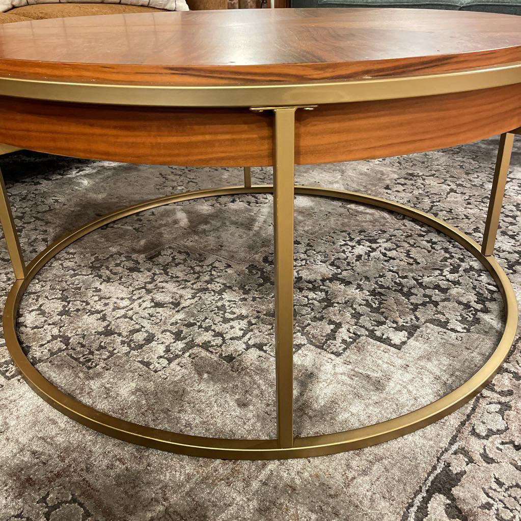 Round Gold Frame Bookmatched Veneer Coffee Table