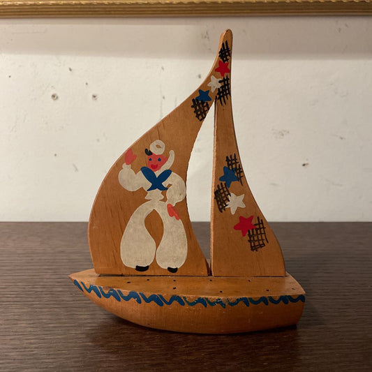 Cute Wooden Saiboat with Sailor Illustration UNIQUE FINDS