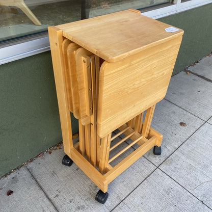 Blonde Wood TV Trays SET w/Cart C SIDE TABLES