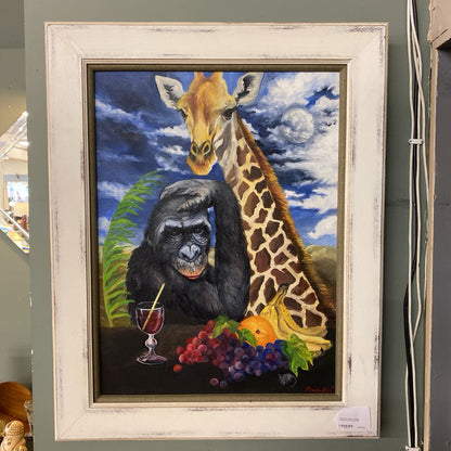 Giraffe & Gorilla Painting w/Whitewash Frame ART