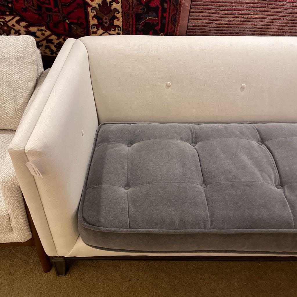 White Tufted Sofa w/ Grey Seat Velvet Bench Seat