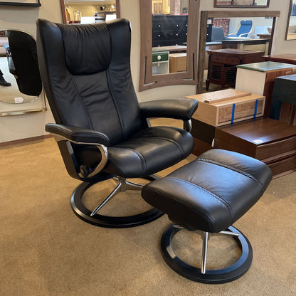 Ekornes Black Leather Medium Recliner & Ottoman U ACCENT CHAIRS