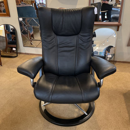 Ekornes Black Leather Medium Recliner & Ottoman U ACCENT CHAIRS
