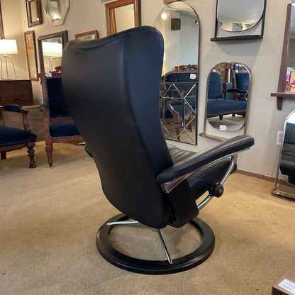 Ekornes Black Leather Medium Recliner & Ottoman U ACCENT CHAIRS