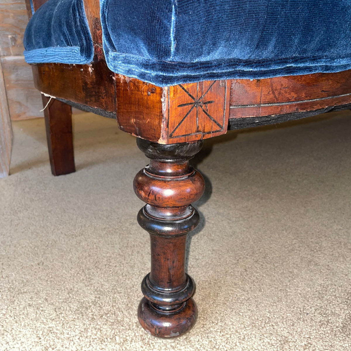 Antique Victorian Eastlake Blue Velvet Settee