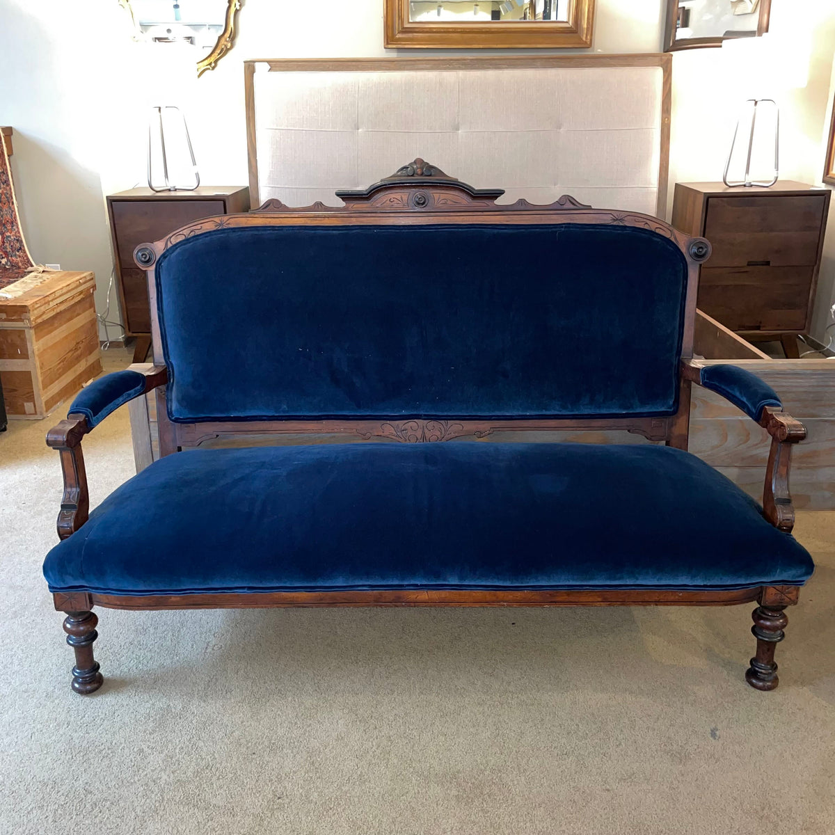 Antique Victorian Eastlake Blue Velvet Settee