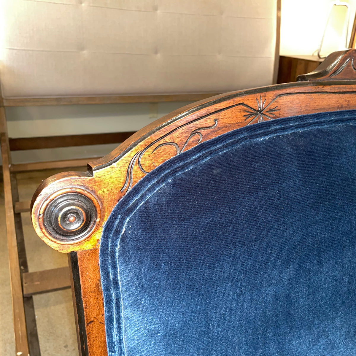 Antique Victorian Eastlake Blue Velvet Settee