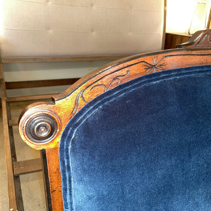 Antique Victorian Eastlake Blue Velvet Settee