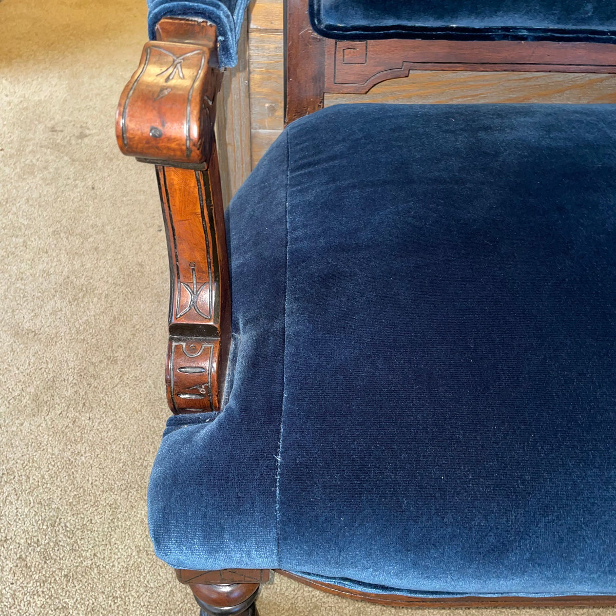 Antique Victorian Eastlake Blue Velvet Settee