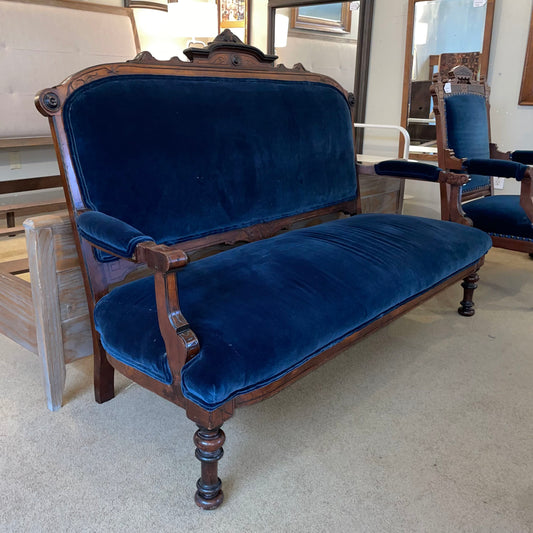 Antique Victorian Eastlake Blue Velvet Settee