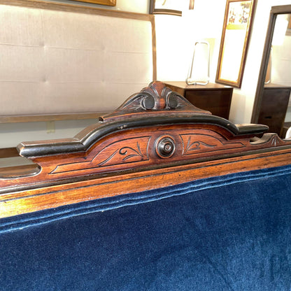 Antique Victorian Eastlake Blue Velvet Settee