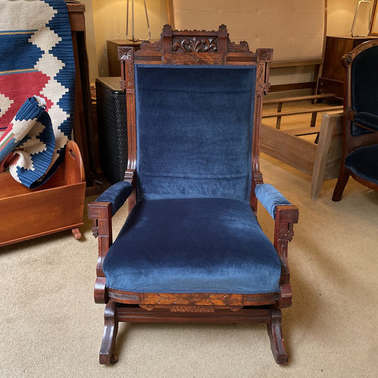 Antique Victorian Eastlake Blue Velvet Rocking Chair U ACCENT CHAIRS