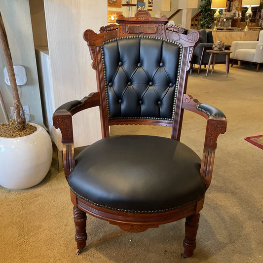 Antique Victorian Eastlake Black Leather Parlor Chair U ACCENT CHAIRS