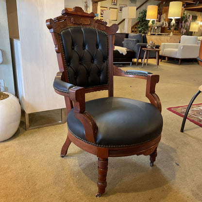 Antique Victorian Eastlake Black Leather Parlor Chair