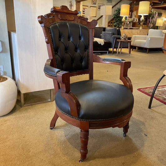 Antique Victorian Eastlake Black Leather Parlor Chair U ACCENT CHAIRS