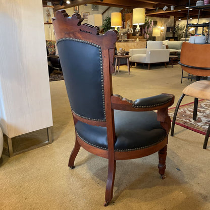 Antique Victorian Eastlake Black Leather Parlor Chair