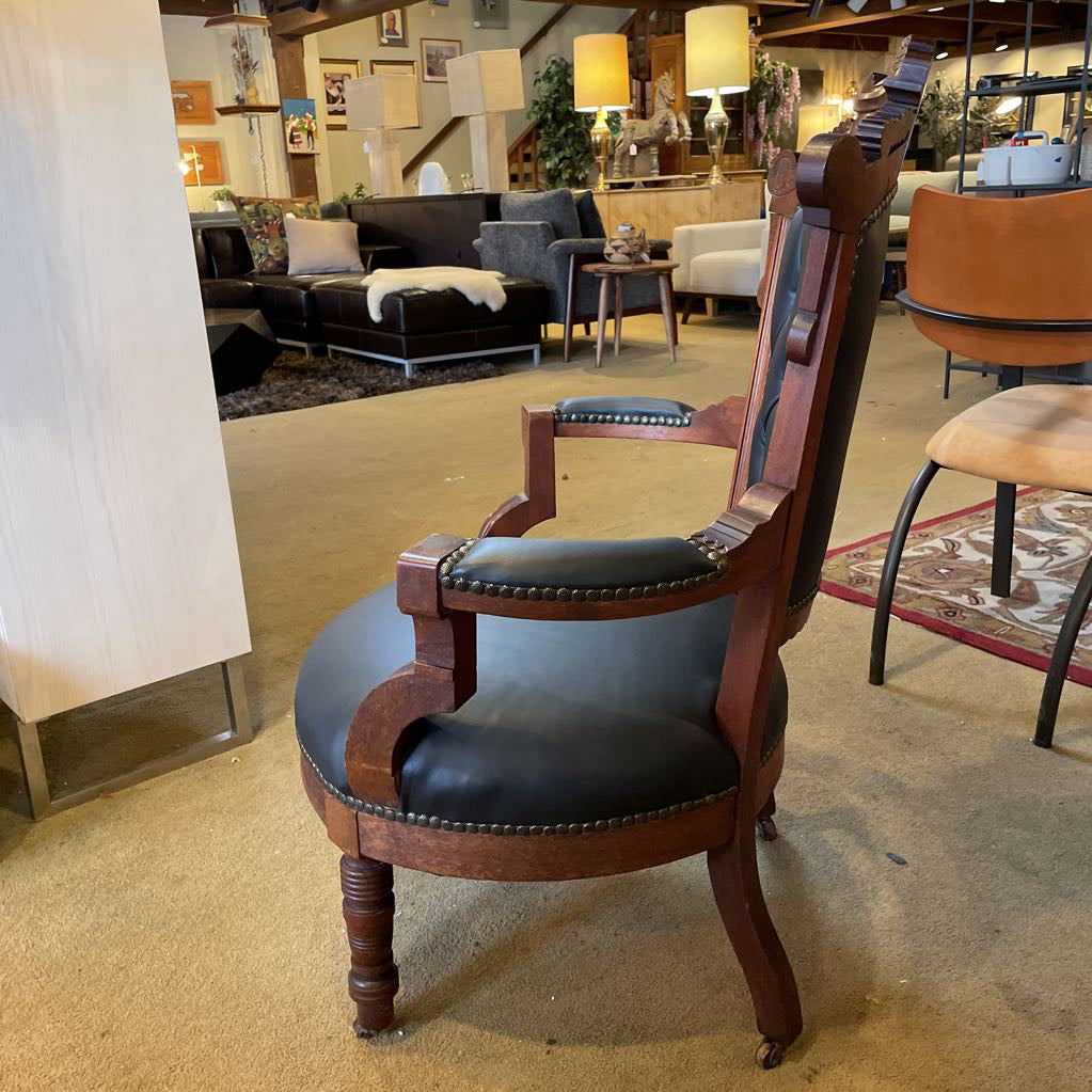Antique Victorian Eastlake Black Leather Parlor Chair