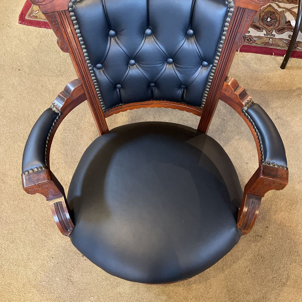 Antique Victorian Eastlake Black Leather Parlor Chair