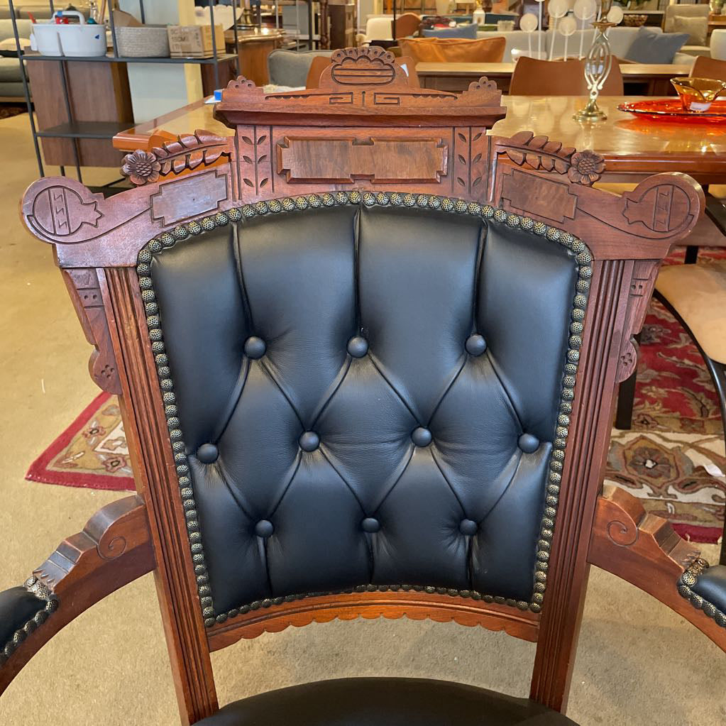 Antique Victorian Eastlake Black Leather Parlor Chair