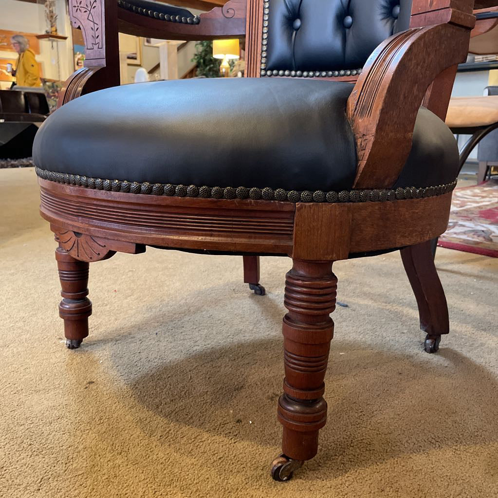 Antique Victorian Eastlake Black Leather Parlor Chair