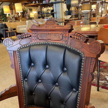 Antique Victorian Eastlake Black Leather Parlor Chair
