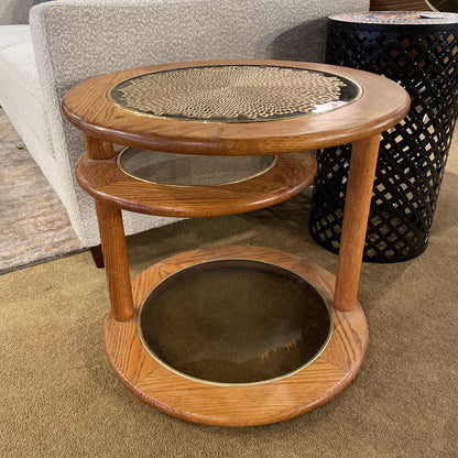 Round Oak Glass Top 2 Tier Swivel Side Table
