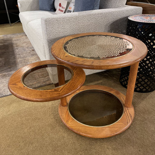 Round Oak Glass Top 2 Tier Swivel Side Table C SIDE TABLES