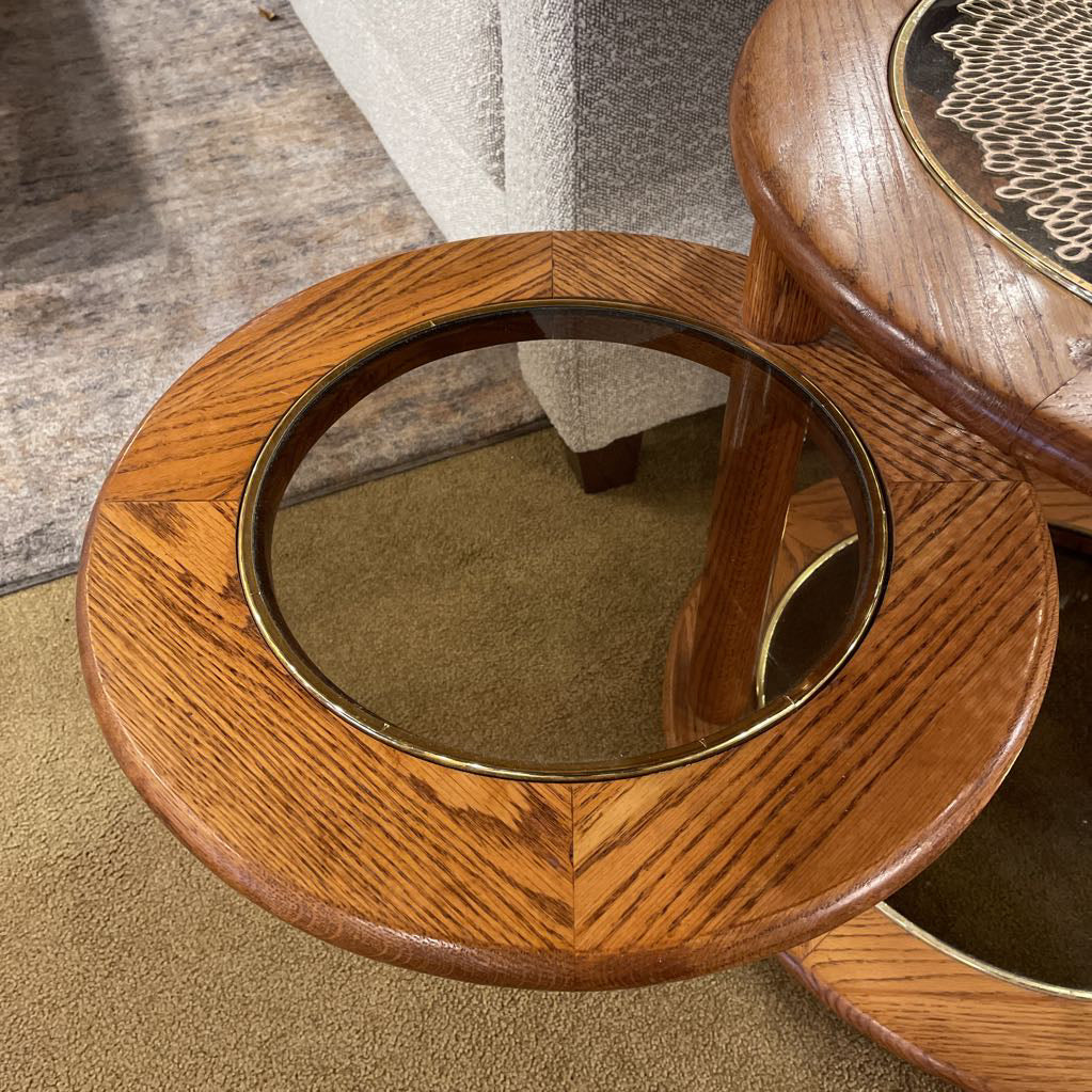 Round Oak Glass Top 2 Tier Swivel Side Table