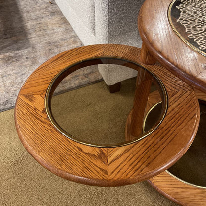Round Oak Glass Top 2 Tier Swivel Side Table