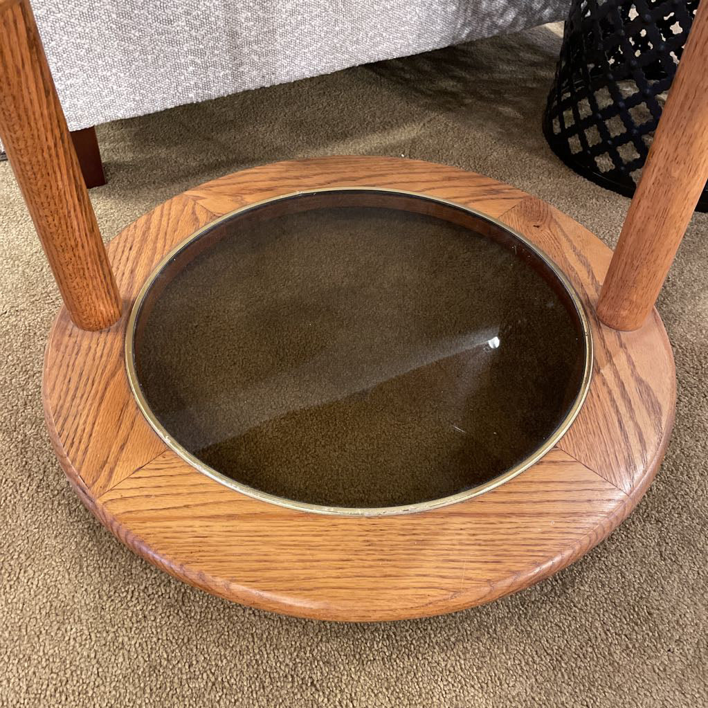 Round Oak Glass Top 2 Tier Swivel Side Table