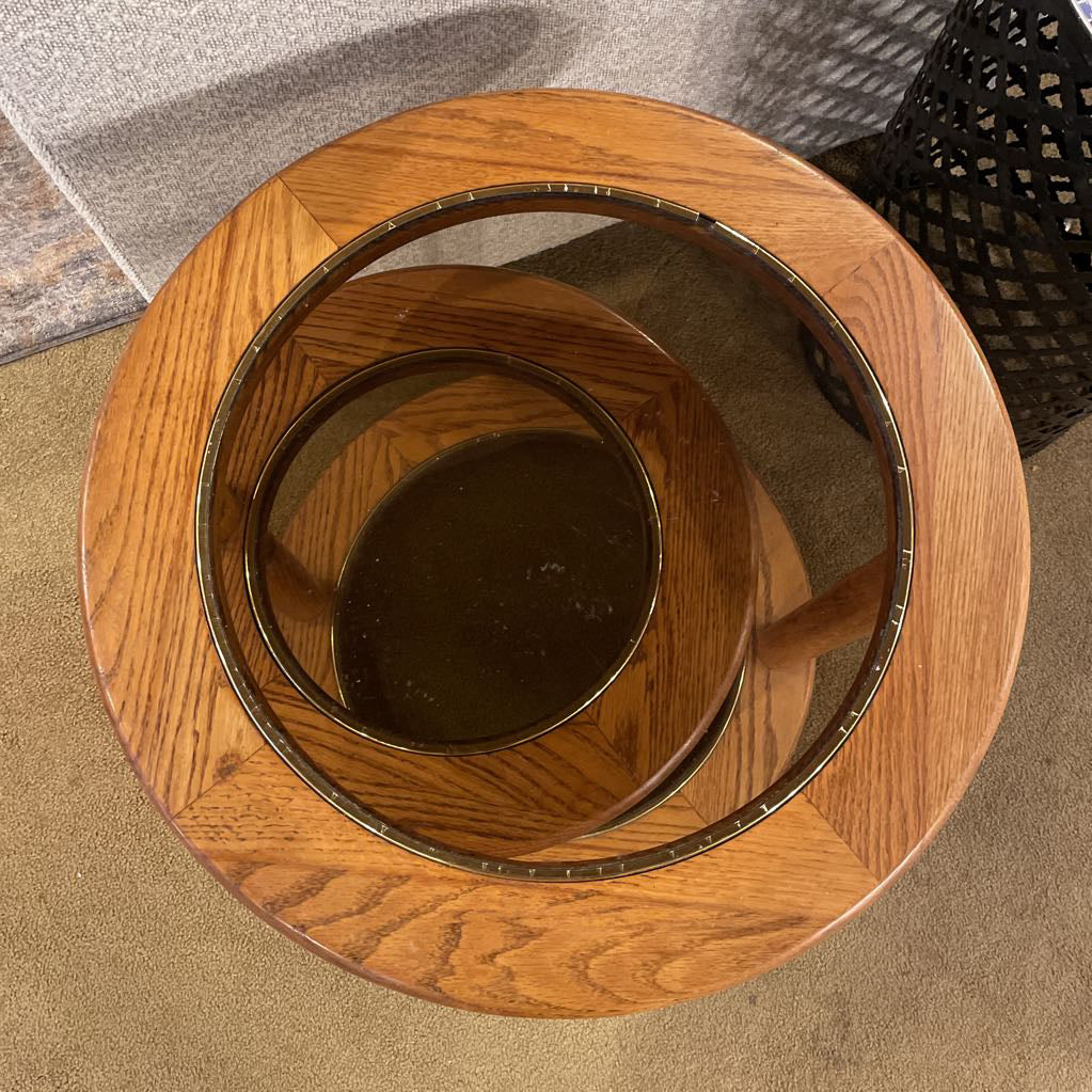 Round Oak Glass Top 2 Tier Swivel Side Table
