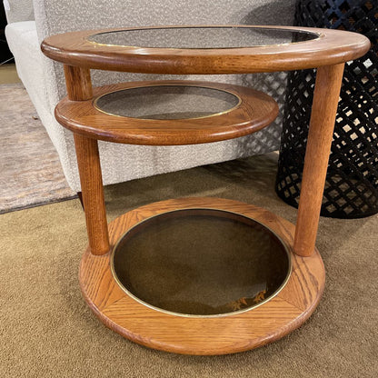 Round Oak Glass Top 2 Tier Swivel Side Table