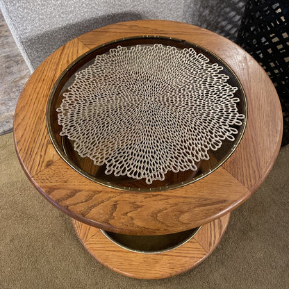 Round Oak Glass Top 2 Tier Swivel Side Table
