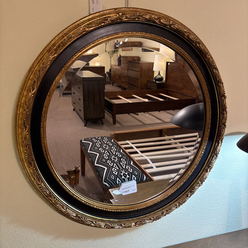 Ethan Allen Round Black & Gold Beveled Mirror
