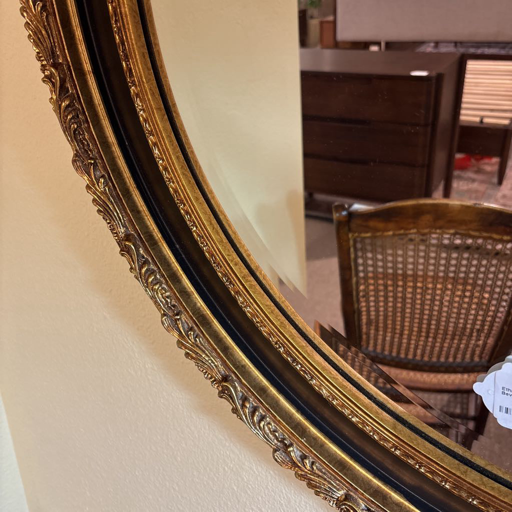 Ethan Allen Round Black & Gold Beveled Mirror