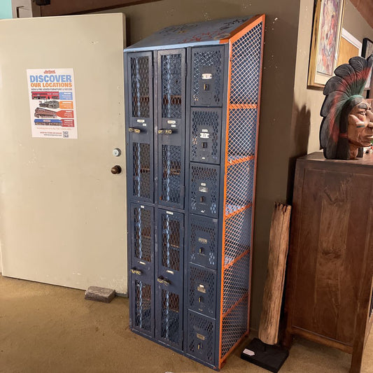 Vintage Blue & Orange Industrial Grate Locker UNIQUE FINDS