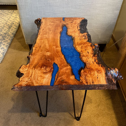 Live Edge Maple Burl Blue Epoxy Side Table